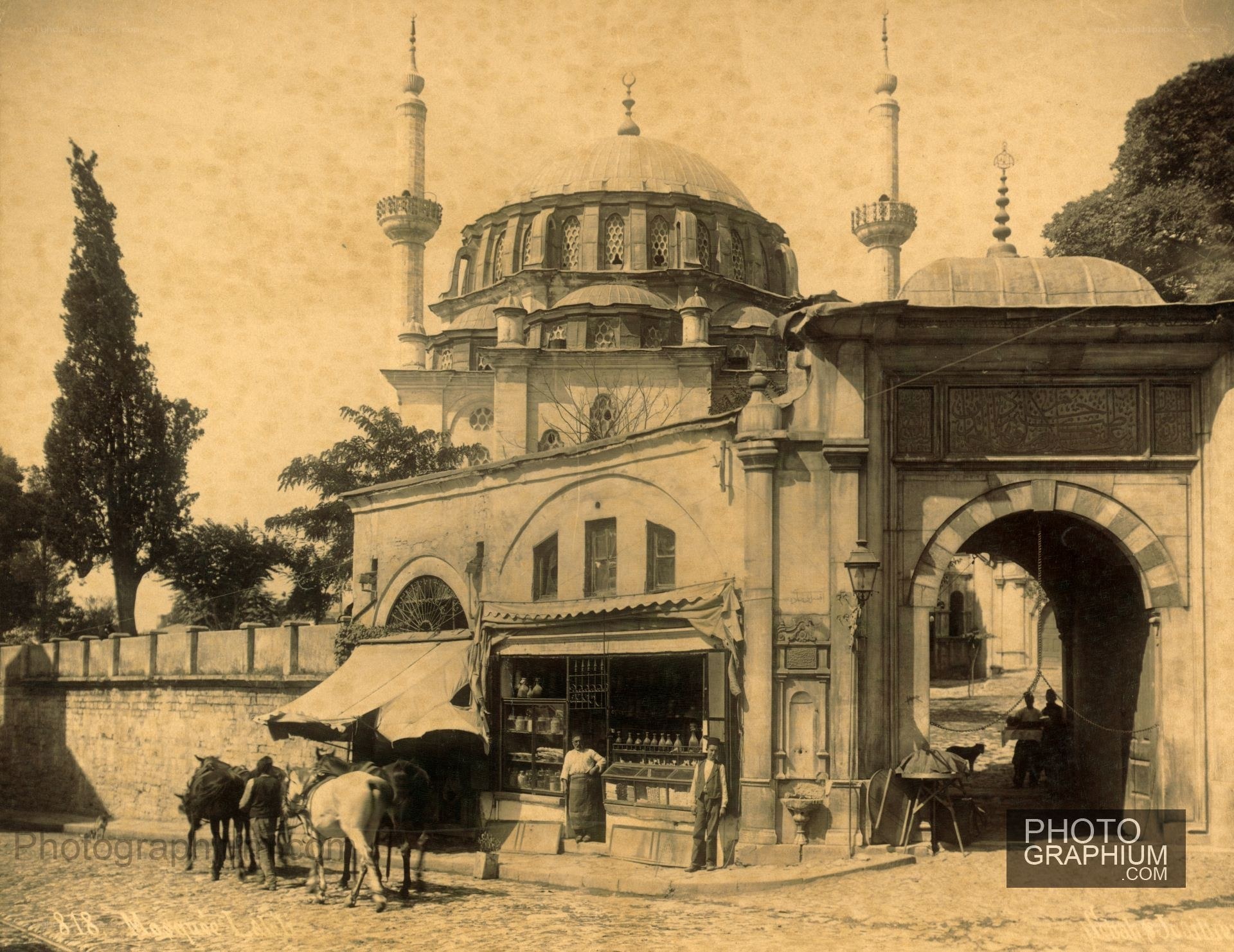 Historic mosque with shops