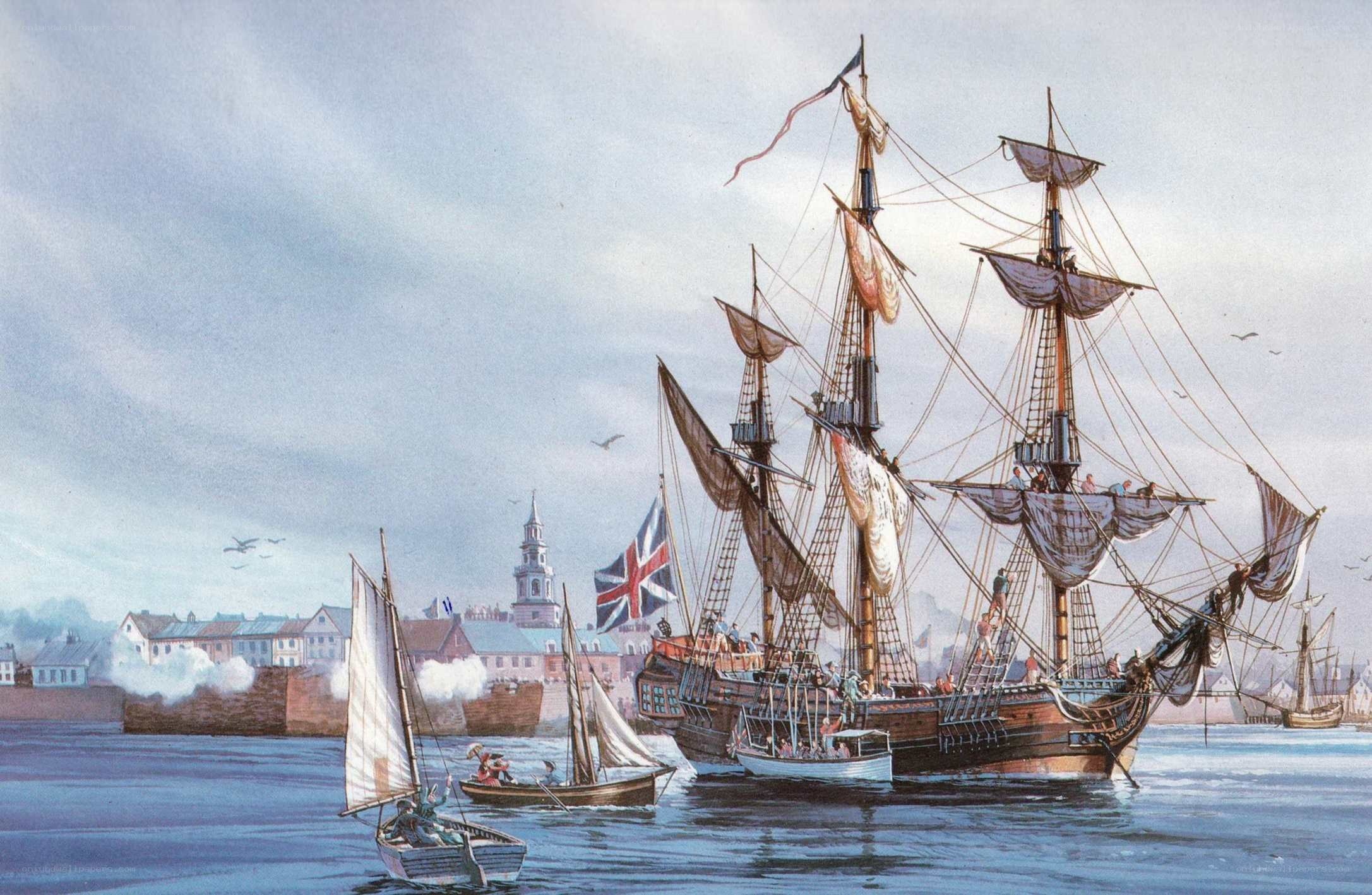 Historic naval scene at port