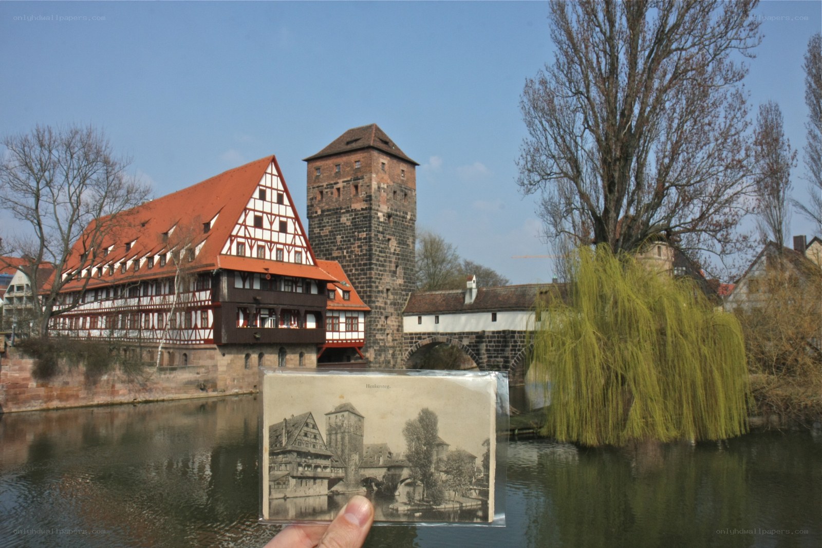 Historic Nuremberg scene with postcard