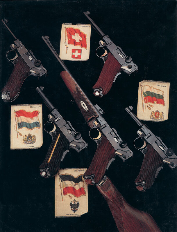 Historic pistols with national flags