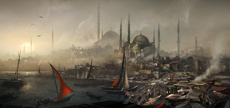 Historic port city at dawn