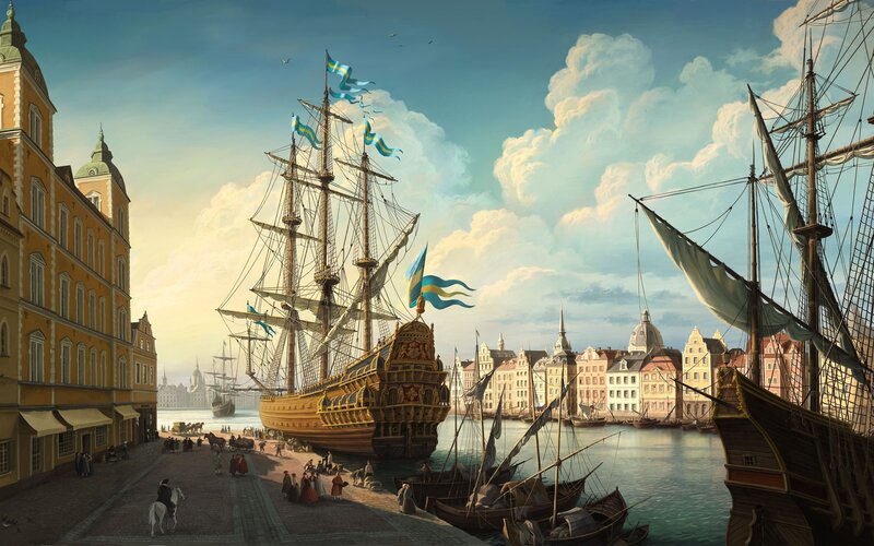 Historic port with sailing ships