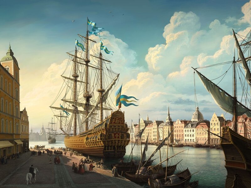 Historic port with sailing ships
