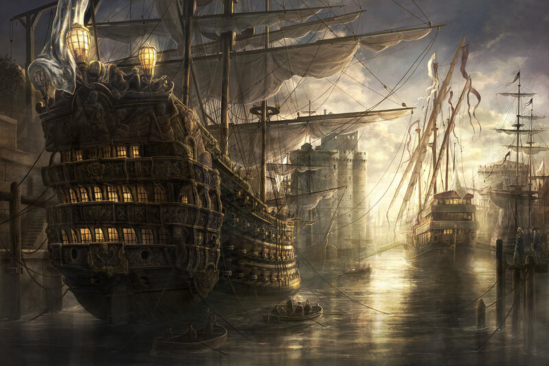 Historic port with sailing ships