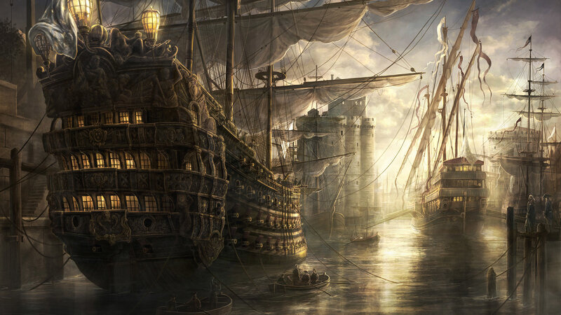 Historic port with sailing ships