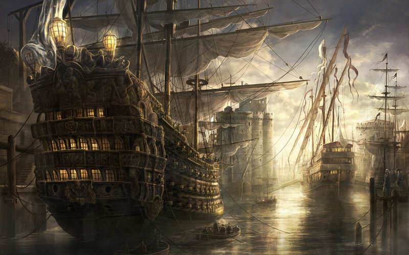 Historic port with sailing ships