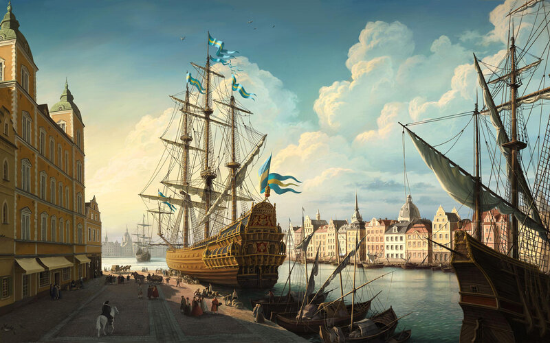 Historic port with sailing ships