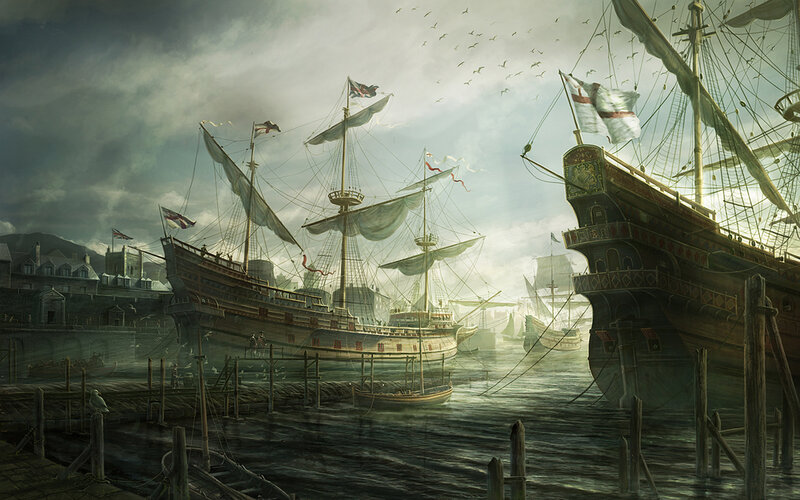 Historic port with sailing ships