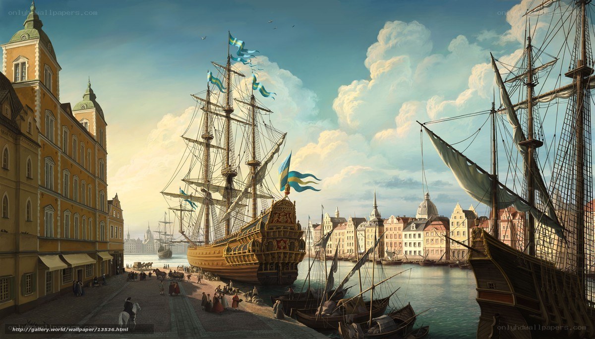 Historic port with sailing ships