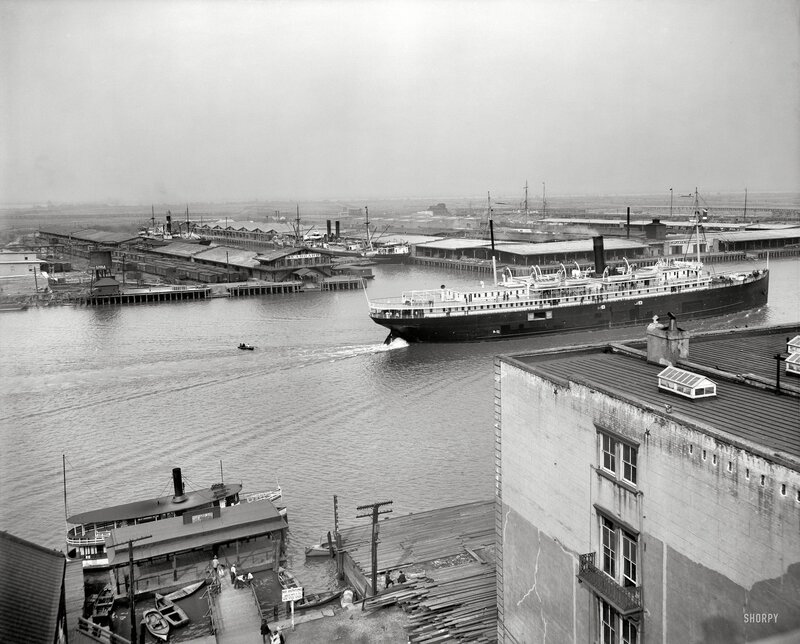Historic port with steamship