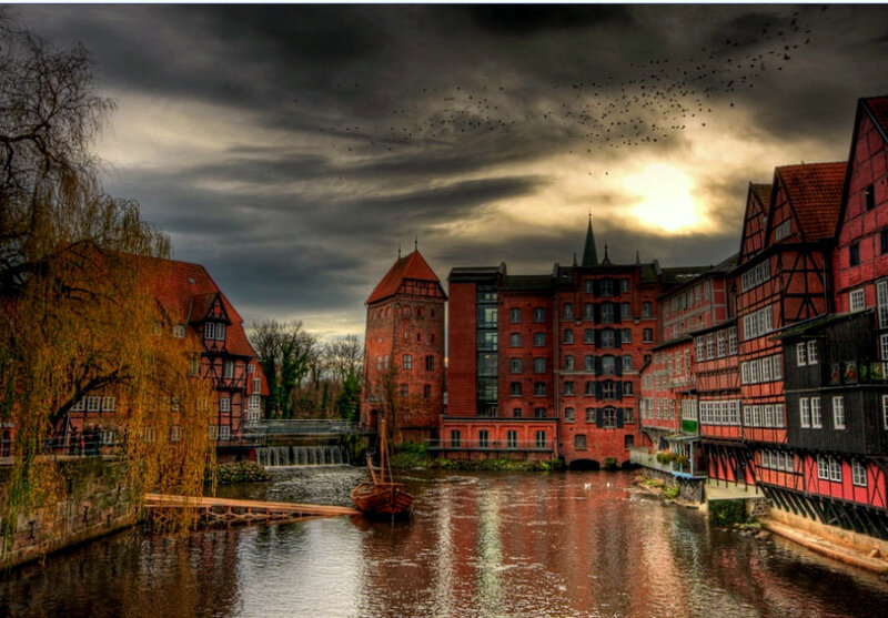 historic river town at sunset