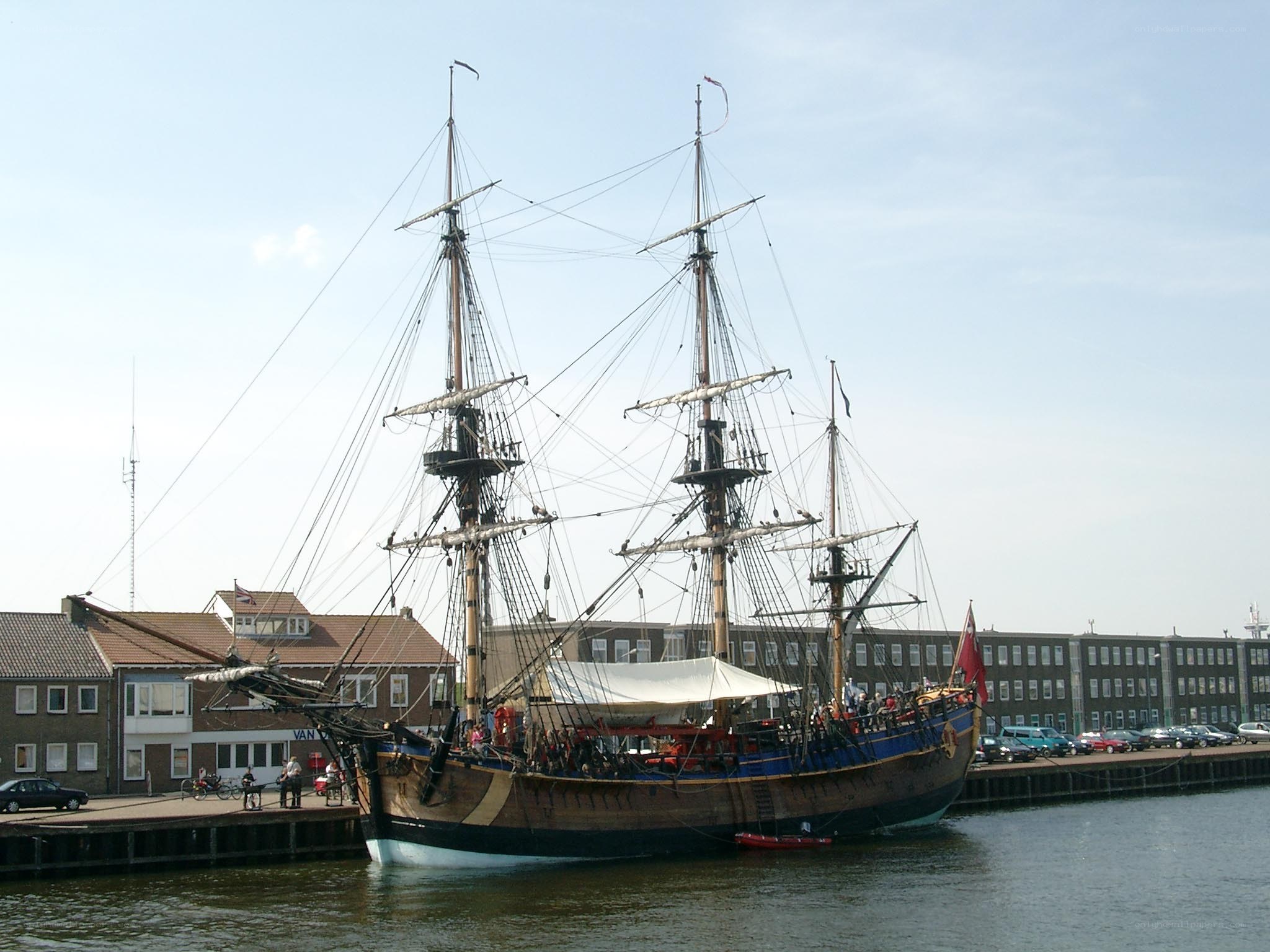 Historic ship docked at harbor