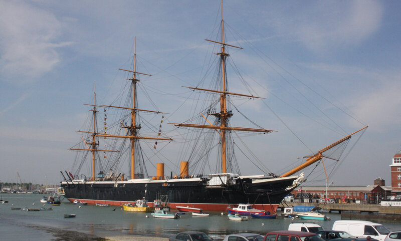 Historic Ship in Harbor — Black, Calm