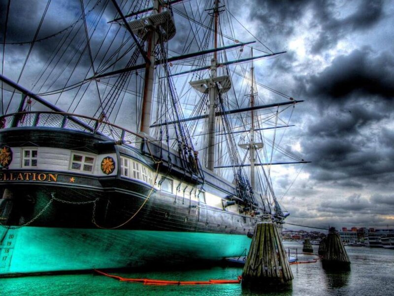 Historic Ship in Harbor — Gray