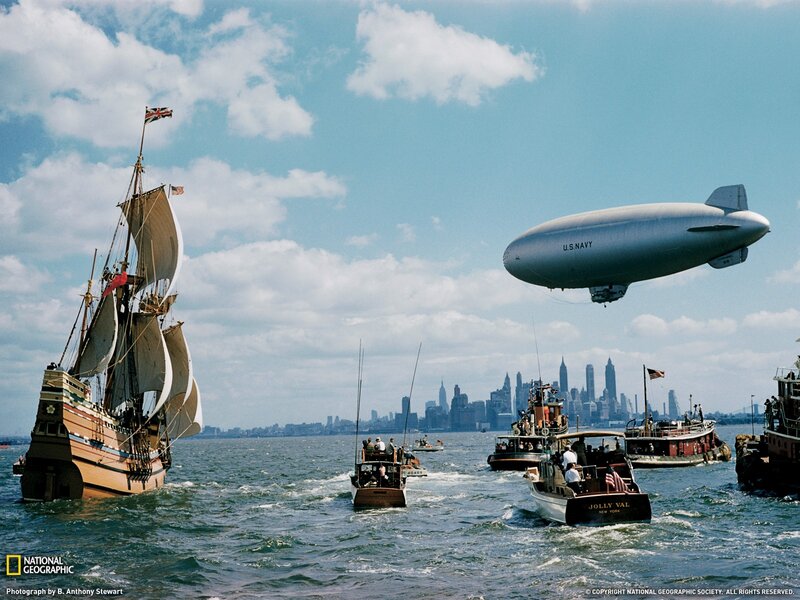 Historic ships and blimp over New York