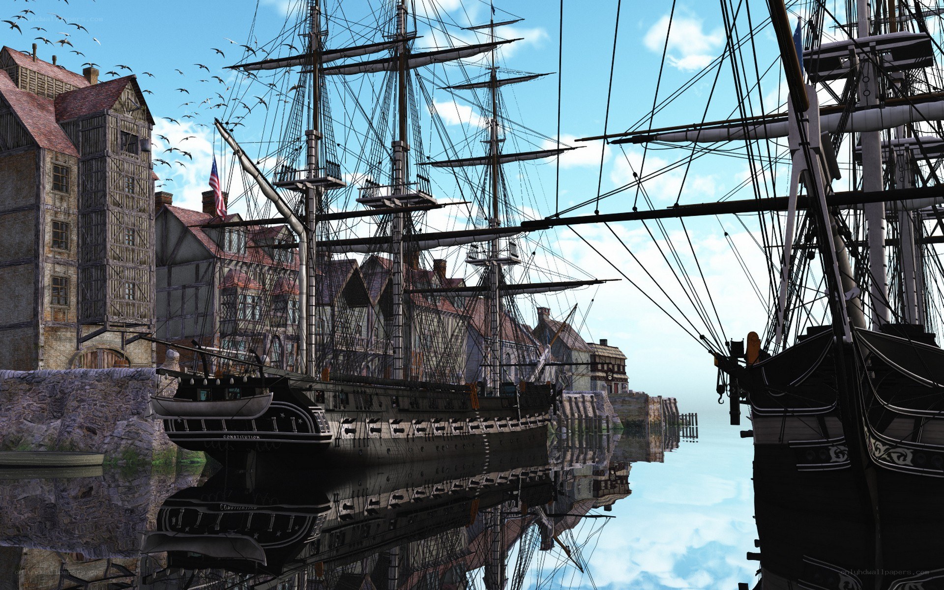 Historic ships in a harbor
