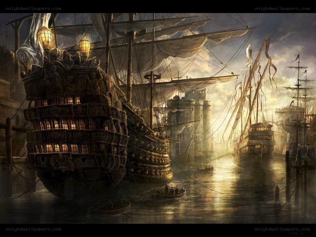 Historic ships in a harbor