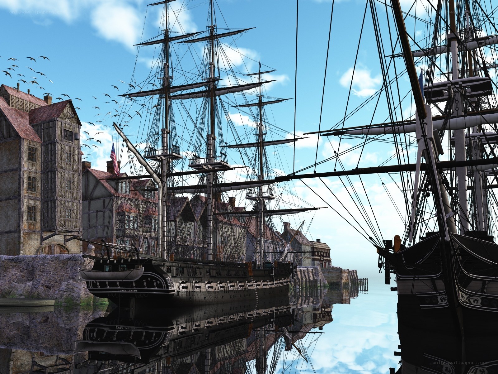 Historic ships in a harbor