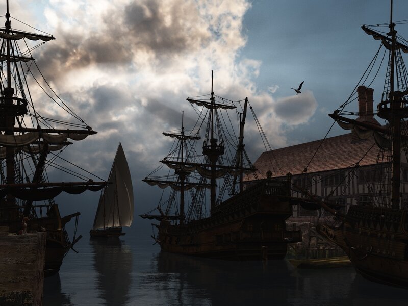 Historic ships in a harbor
