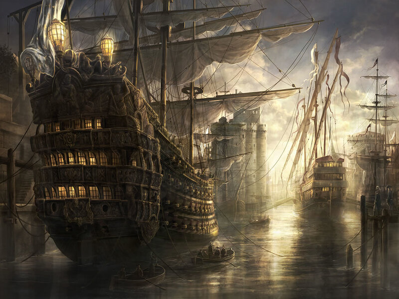 Historic ships in a harbor