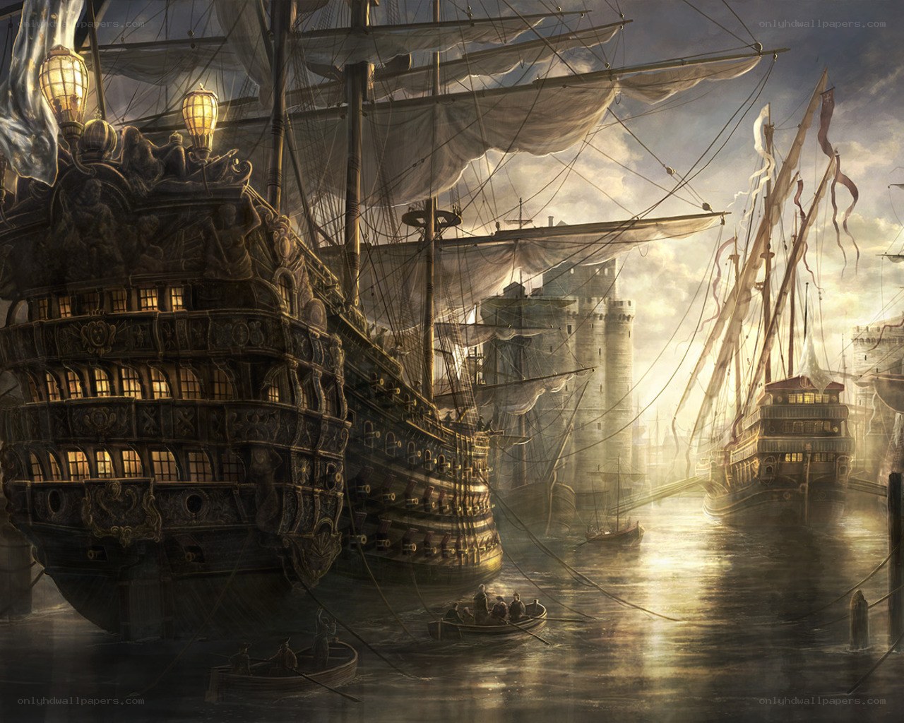 Historic ships in a harbor