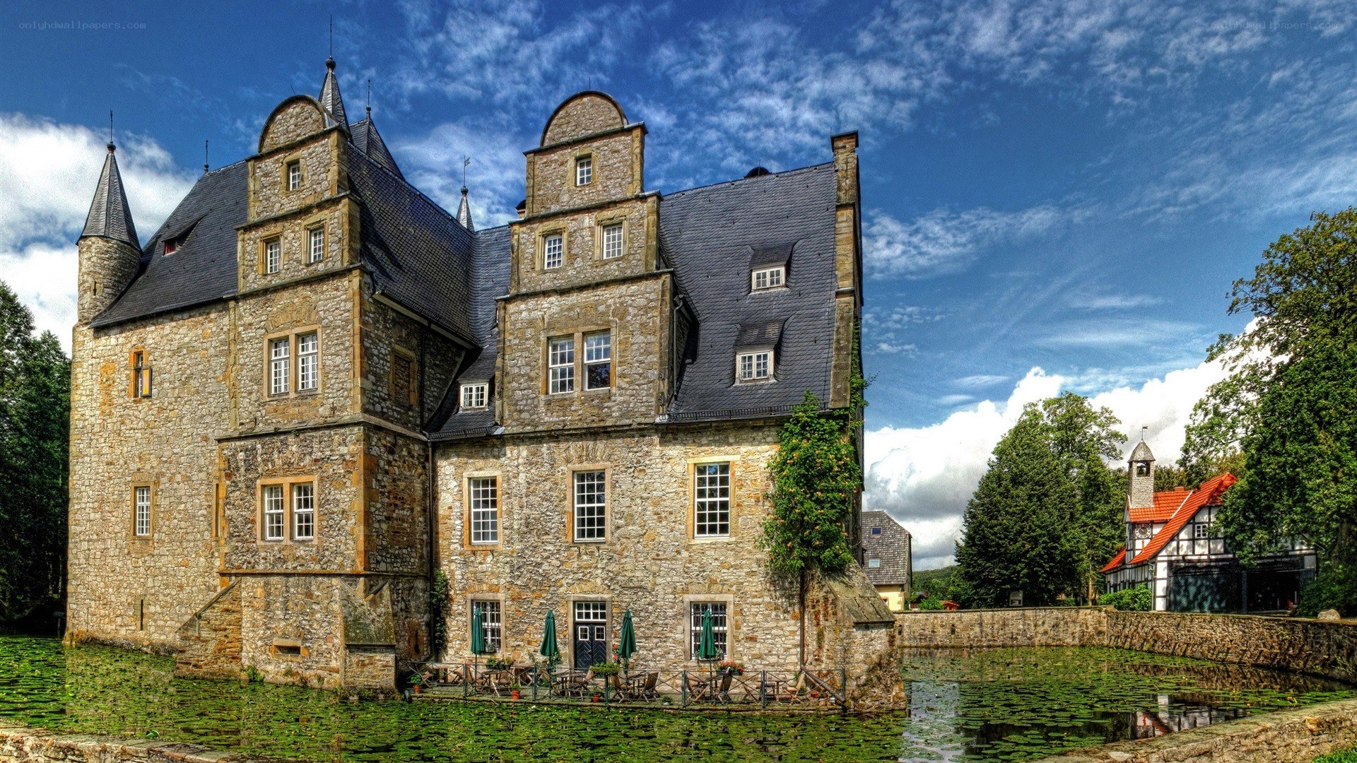 historic stone castle with moat