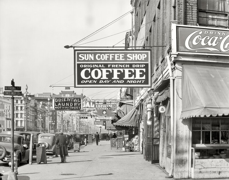 Historic street scene with coffee shop