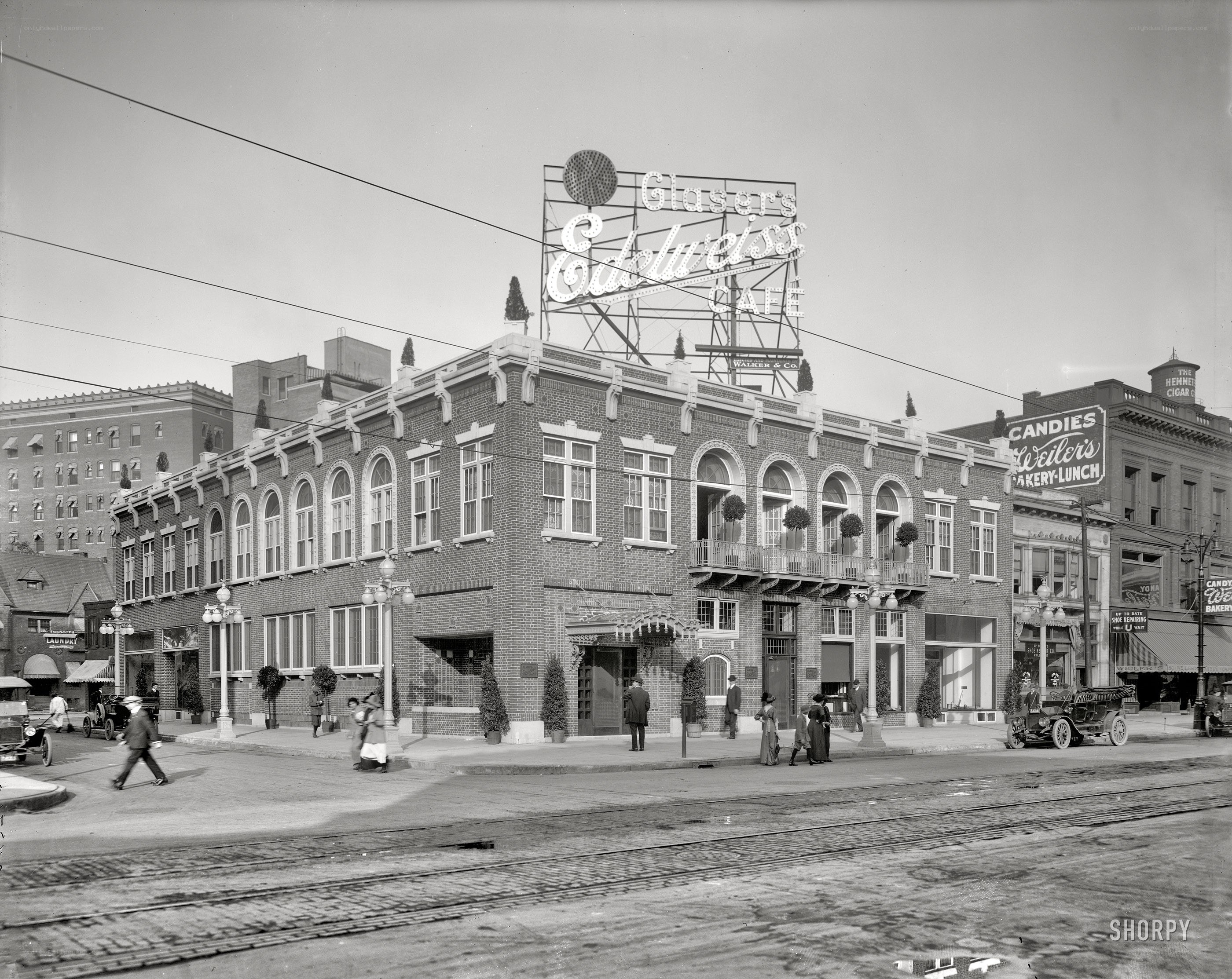 Historic street scene with Glaser's Cafe