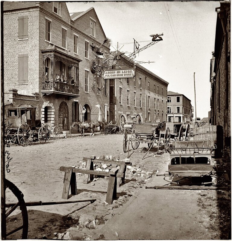 Historic street scene with iron works