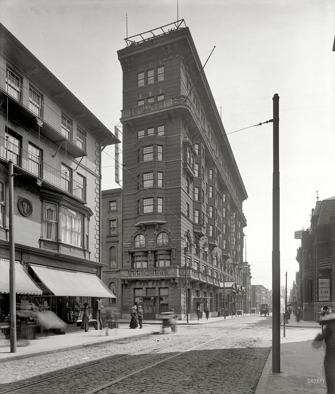 Historic street scene with tall building