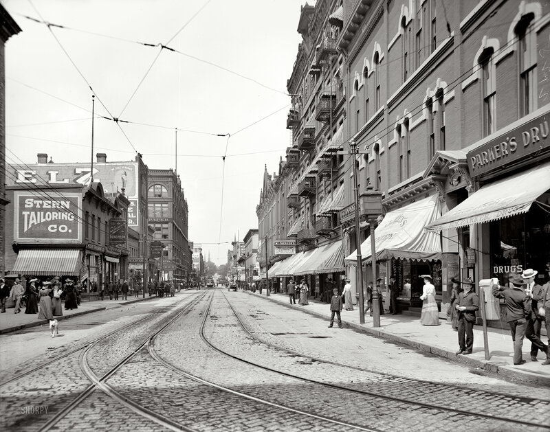Historic street scene with trolley tracks