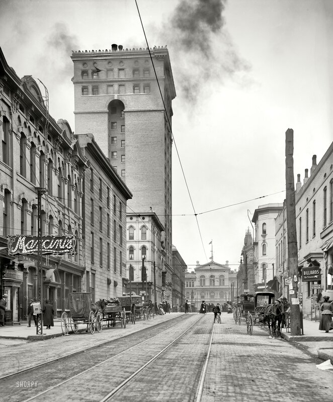 Historic street scene with trolley tracks