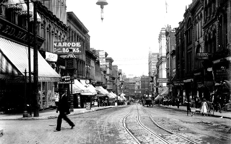 Historic street scene with trolley tracks