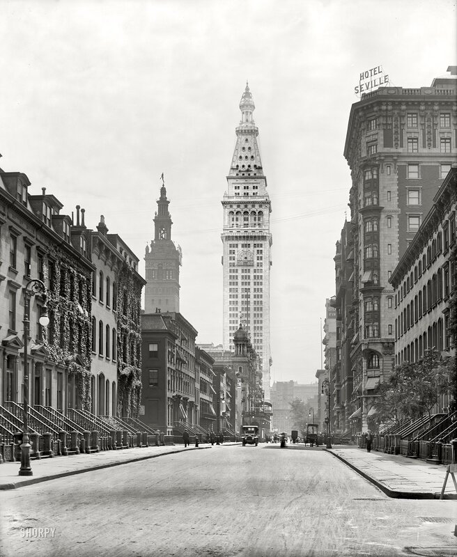 Historic street view with tall buildings