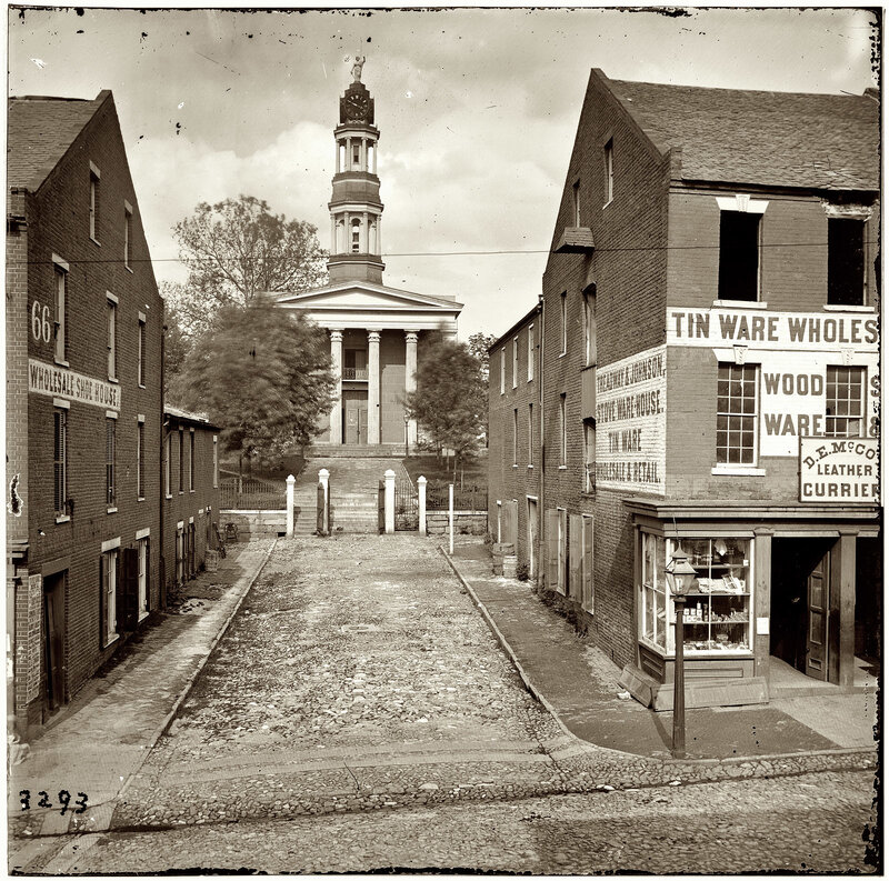 Historic street with church in background