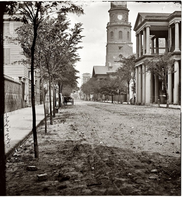 Historic street with church tower