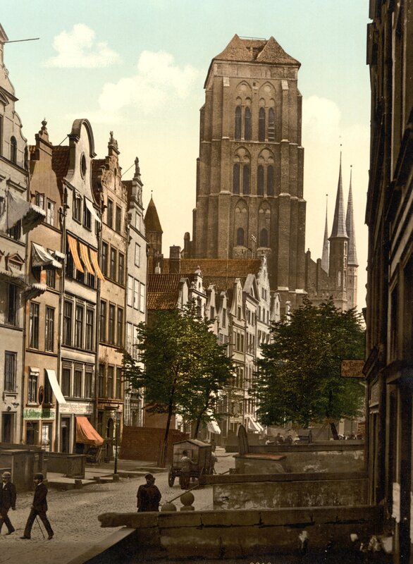 Historic street with church tower
