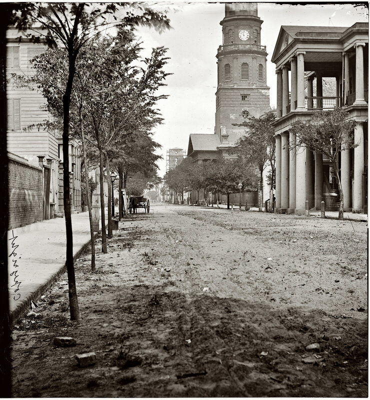 Historic street with church tower