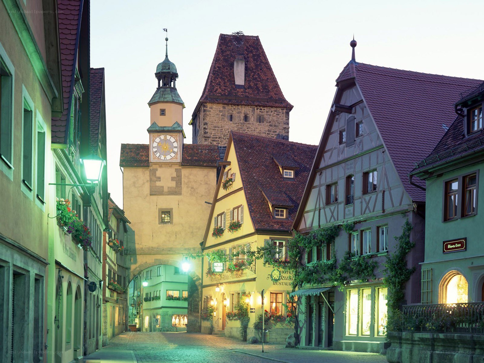 historic street with clock tower