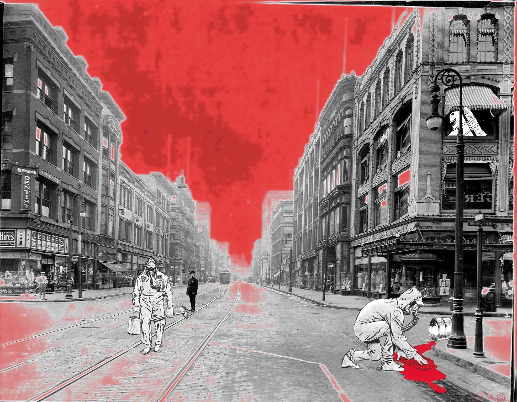 Historic street with red overlay