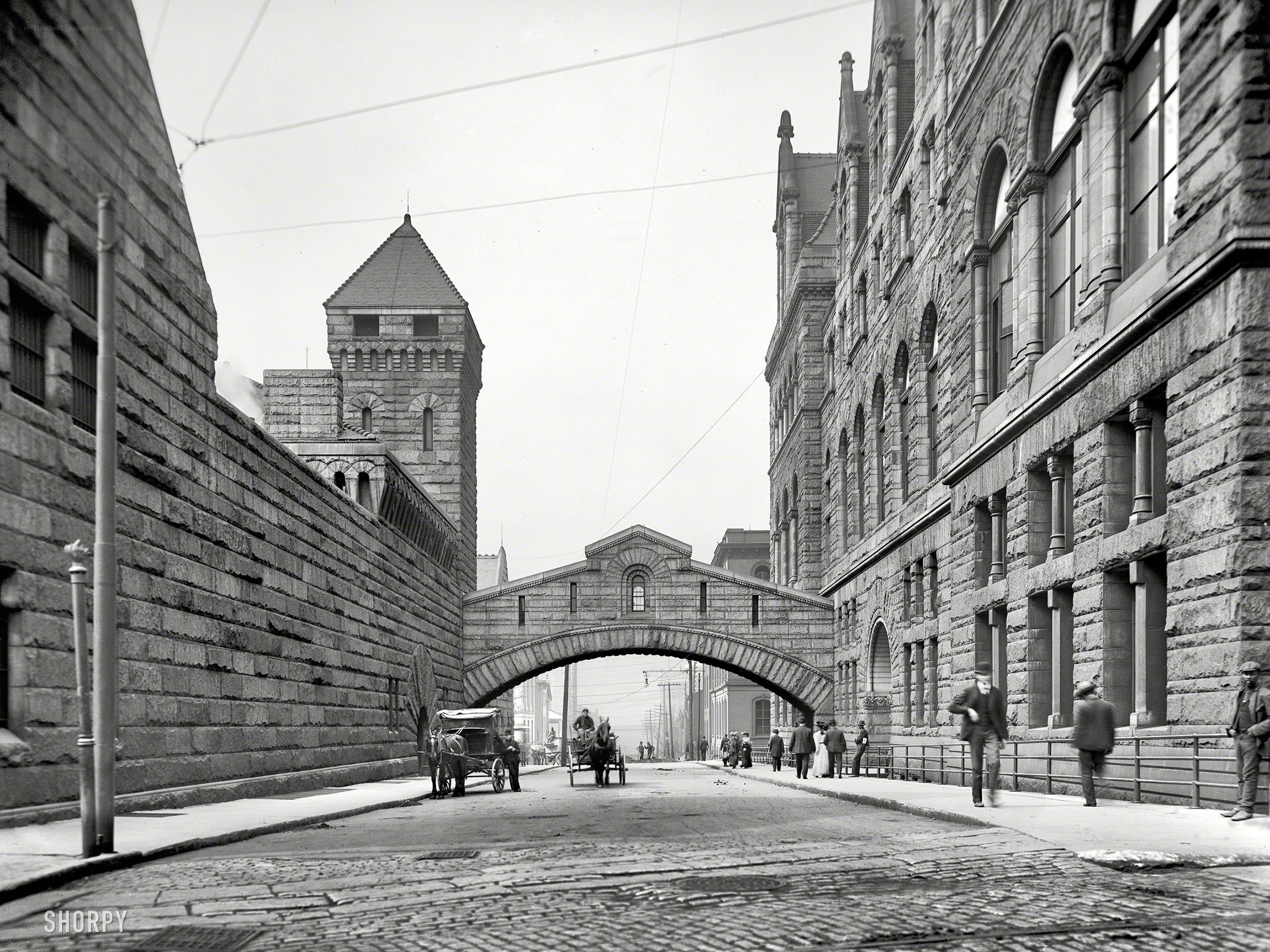 Historic street with stone bridge
