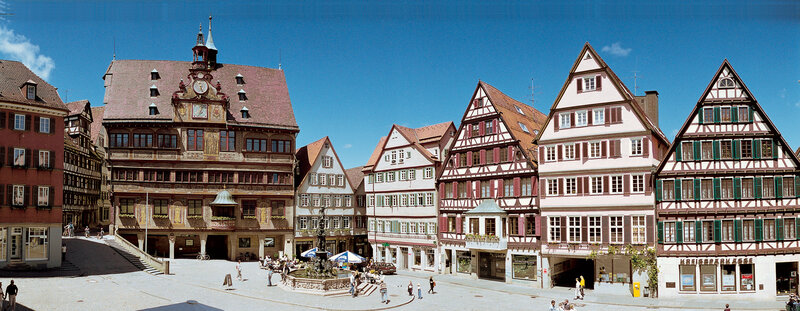 historic town square with half-timbered buildings