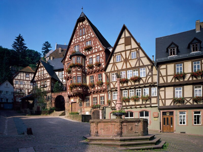 Historic town square with half-timbered houses