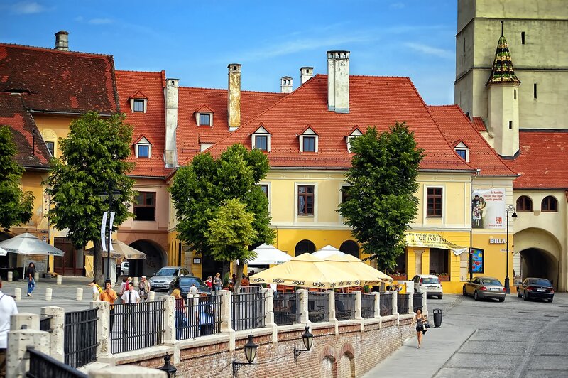 Historic town square with red roofs