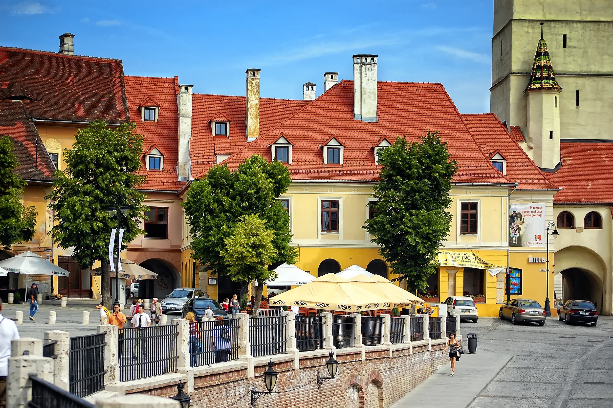 Historic town square with red roofs