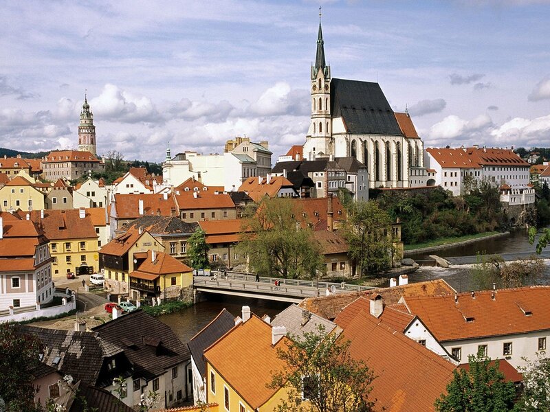 historic town with church and river