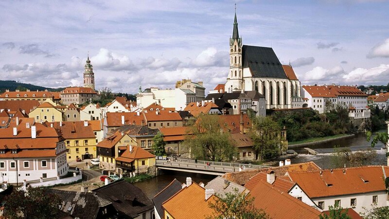 historic town with church and river