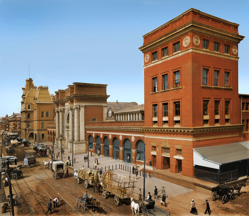 Historic train station scene