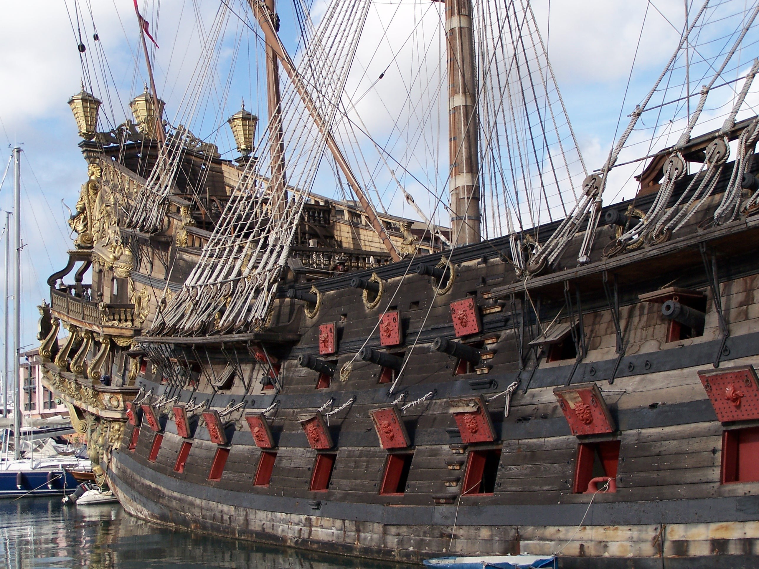Historic warship in harbor