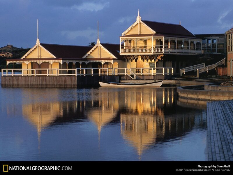 Historic waterfront buildings at dusk